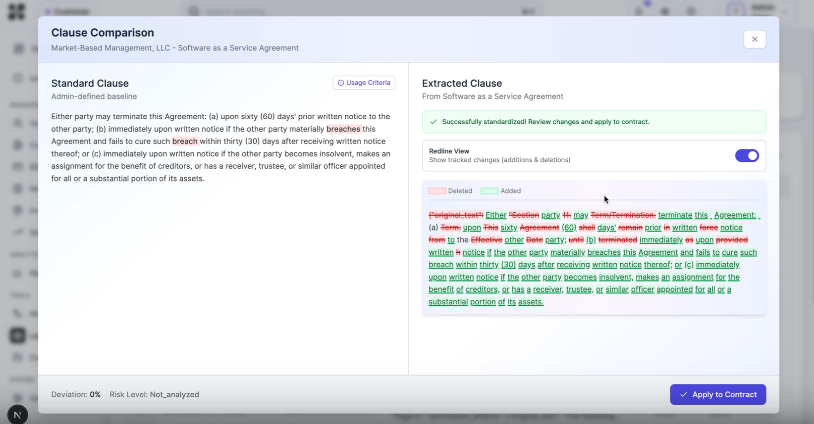 Kavlo clause comparison with tracked redline changes