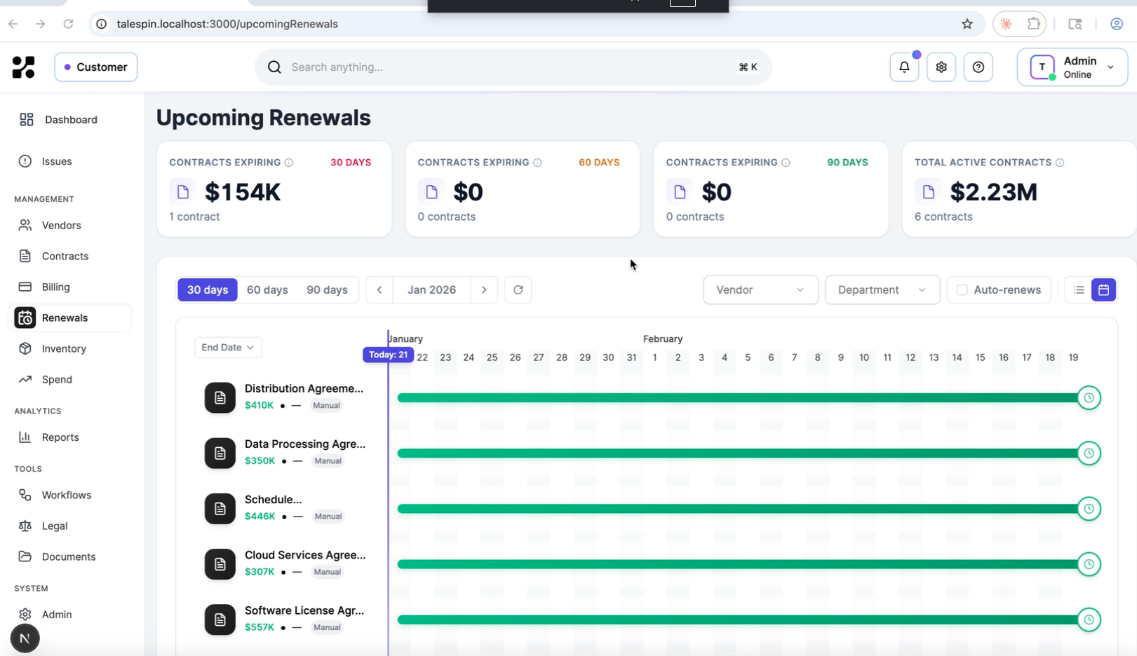 Kavlo renewals calendar with 30/60/90 day tracking